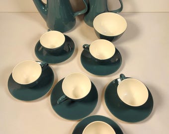 Vintage Retro Poole Pottery Blue Moon Coffee Set - 6 Espresso Cups & Saucers, Coffee/Teapot Hot Water/Milk Jug Sugar Bowl