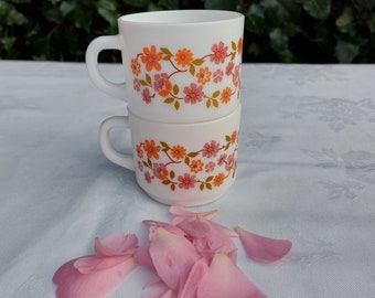 2 Retro French Arcopal Scania Pink & Orange Flowers Cups, Summer Vintage Ditsy Floral Design Tea Cups