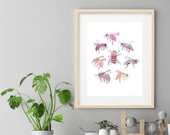 Watercolour Bees Illustrations Downloadable Art Print File to Print at Home