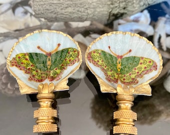 Pair of Butterfly Decorated Scallop Shell Lamp Finials