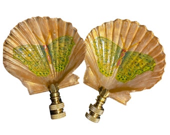 Pair of Butterfly Decorated Scallop Shell Lamp Finials