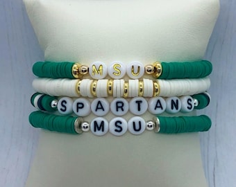 MSU Spartan STACK - kralenarmbanden | Michigan State-armbanden | Gepersonaliseerde armbanden | Letterkralenarmband | Stapelbare teamarmbanden
