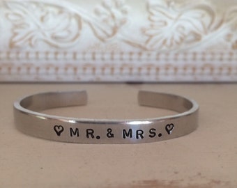 Wedding Cuff, Mr. & Mrs.,Personalized Cuff Bracelet Thin Stackable Custom Phrases Hand Stamped Jewelry Aluminum Brass Copper Personalized