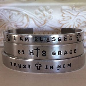 FAITH CUFFS, Personalized Cuff Bracelet Thin Stackable Custom Phrases Names Hand Stamped Jewelry Aluminum Brass Copper Personalized