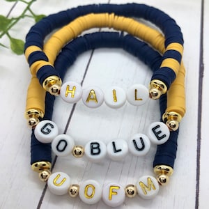 Michigan, ¡Salve, Go Blue!, Pulsera Heishi / Universidad de Michigan, Pulseras personalizadas U of M / Pulsera de cuentas con letras / Go Blue