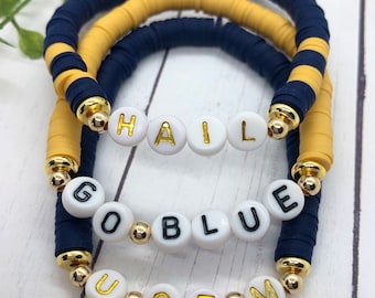 Michigan, Hail, Go Blue, Heishi-armband | Gepersonaliseerde armbanden University of Michigan, U of M | Letterkralenarmband | Ga voor blauw