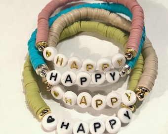 Aangepaste Word HAPPY Heishi Kraal Armbanden | Aangepaste naam Armband | Gepersonaliseerde armbanden | Letter Kraal Armband | Stapelbare armbanden