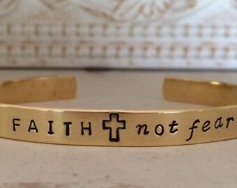 Faith not fear ~ Personalized Cuff Bracelet Thin Stackable, Faith bracelet, Hand Stamped Jewelry Aluminum Brass Copper Personalized
