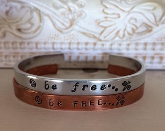 BE FREE..., Personalized Cuff Bracelet Thin Stackable Custom Phrases Names Hand Stamped Jewelry Aluminum Brass Copper Personalized