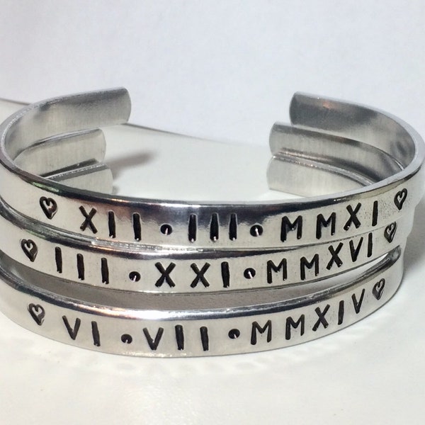 Personalized ROMAN NUMERAL Cuff Bracelet, Thin Stackable, Custom Phrases, Names, Hand Stamped Jewelry Aluminum Brass Copper Personalized