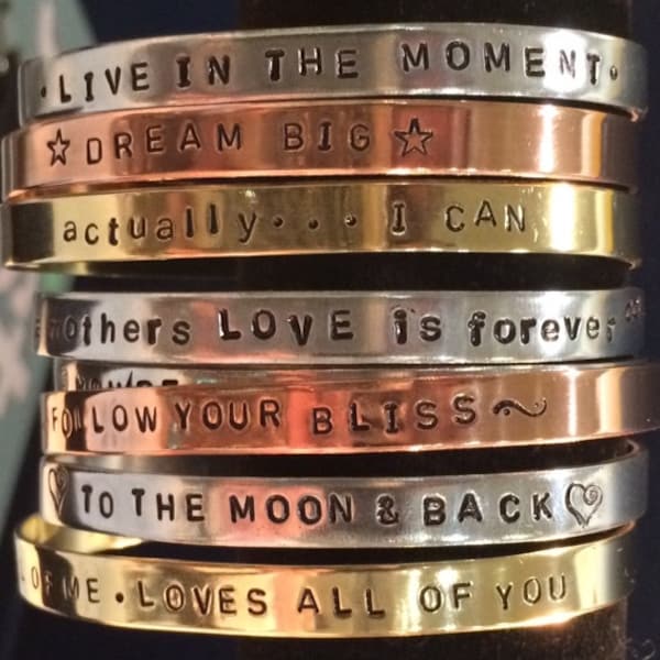 Pick your phrase ~ Personalized Cuff Bracelet, Thin Stackable, Kids names, Hand Stamped Jewelry, Aluminum, Brass, Copper, Personalized