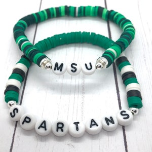 Pulseras de cuentas MSU Spartan Heishi / Pulseras del estado de Michigan / Pulseras personalizadas / Pulsera de cuentas de letras / Pulseras apilables
