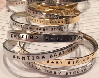 Santina Baby Strong WOMANS Cuffs, Personalized Cuff Bracelet Thin Stackable Custom Hand Stamped Jewelry Aluminum Brass Copper