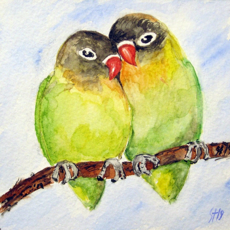 Art and Collectables Small Painting Parrots are Lovebirds Miniature watercolor Original miniature watercolor painting 4 x 4 inches