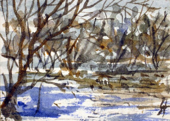 Original ACEO watercolor painting - Thaw - Miniature Painting, Small Painting - ACEO Landscape Watercolor 2.5 x 3.5 inches