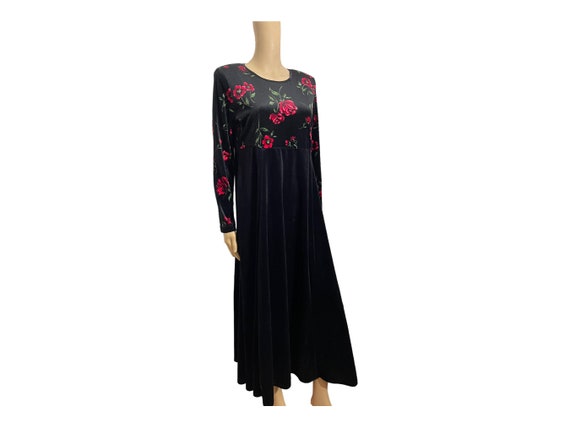black velvet dress with red roses 1950's Juli Lynne Charlot Red Roses Appliqu Black Velvet Full Dress