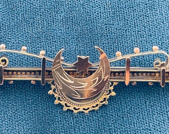 Antique Edwardian Crescent Moon, Star and Hearts Bar Pin Gold filled