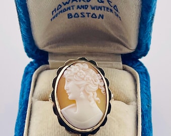 Victorian Cameo Ring, Detailed Carved Roses, 14kt Gold Antique Jewelry