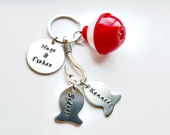 Hugs and Fishes Hand Stamped Keychain with Fishing Lure Charm, Bobber and Personalized Fish, Fishing Keychain, Dad Father's Day gift for him