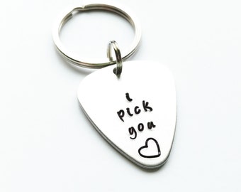 I pick you personalized hand stamped keychain, guitar pick keychain, hand stamped guitar pick, Christmas gift, valentines day gift for him