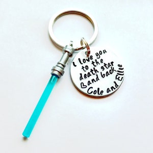 I Love You to the Death Star and Back Hand Stamped 1 Aluminum Keychain with a heart and names, optional charm in the color of your choice image 1