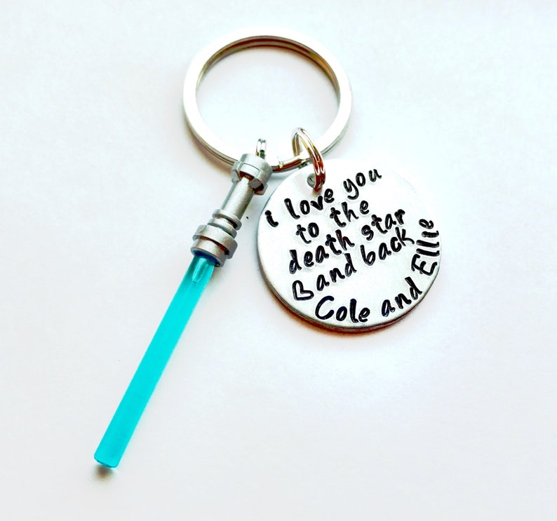 I Love You to the Death Star and Back Hand Stamped 1 Aluminum Keychain with a heart and names, optional charm in the color of your choice image 1