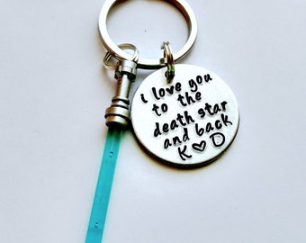 I Love You to the Death Star and Back Hand Stamped 1" Aluminum Keychain initials and optional charm Boyfriend Valentines gift for him