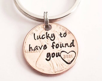 Lucky to Have Found You Hand Stamped Penny Keychain, Custom Text, personalized, wedding keychain anniversary Valentine's Day gift for him