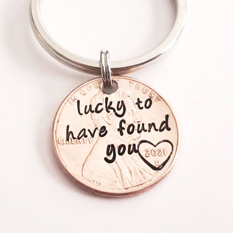 Lucky to Have Found You Hand Stamped Penny Keychain, Custom Text, personalized, love wedding keychain anniversary valentine's gift for him 