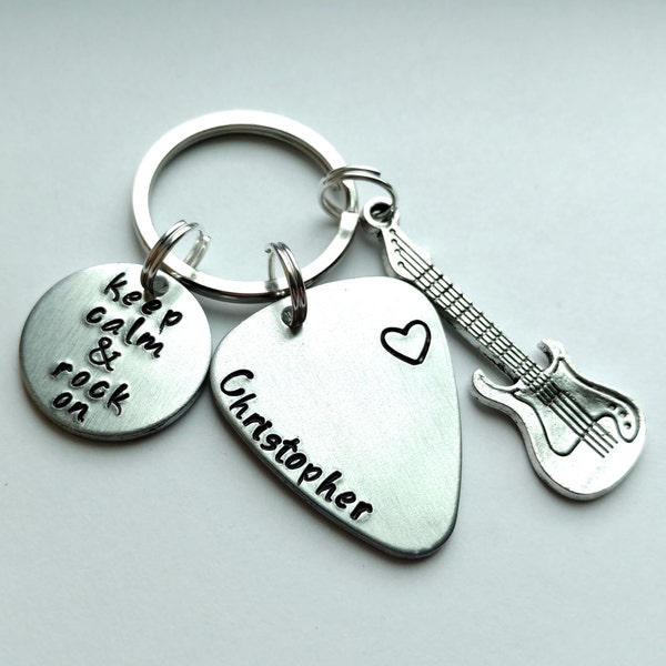 Keep Calm and Rock On hand stamped keychain with personalized pick and guitar charm rock on guitar keychain pick valentines day gift for him