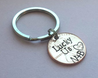 Lucky Us Hand Stamped Penny Keychain, Personalized Initials, Hand Stamped Heart, Special Date Anniversary Family Valentine's gift for him
