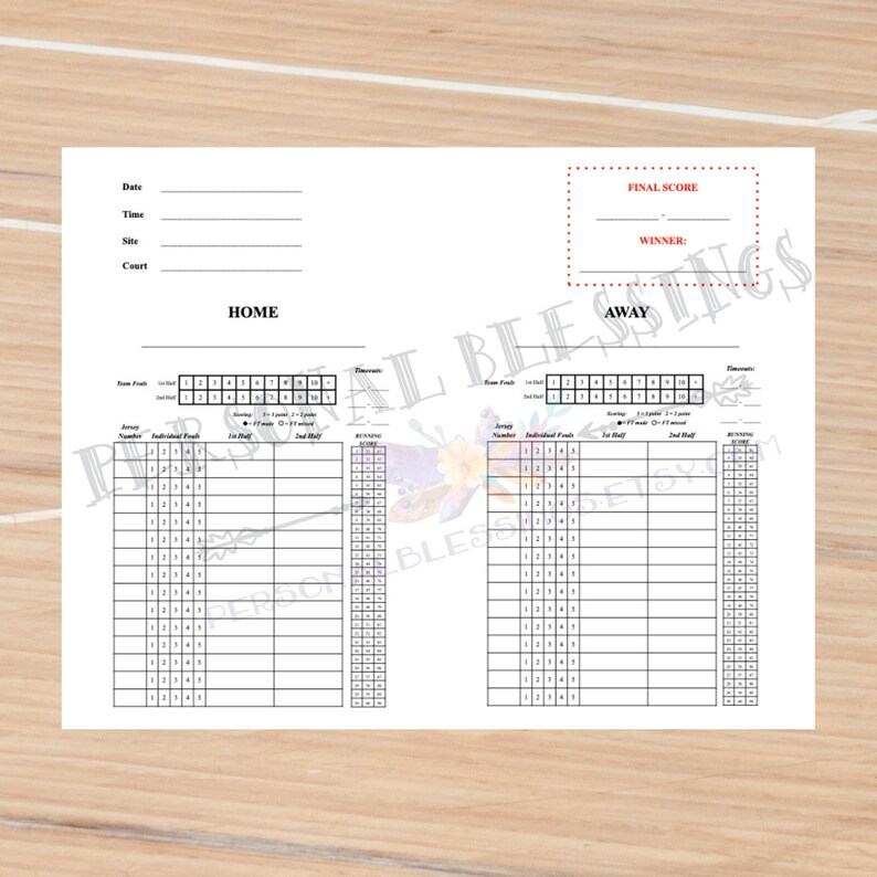 Basketball Score Sheet Digital Download Instant Download Etsy