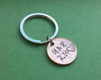 Personalized Hand Stamped Penny Keychain, Personalized Initials, Hand Stamped Heart, Special Date, Anniversary, Christmas day gift for him