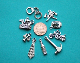 Add On Charm, Fire Fighter Charm, Motorcycle Charm, Hammer Charm, Beer Charm, Tie Charm, Scale Charm, Tool Belt Charm, Police Charm Keychain