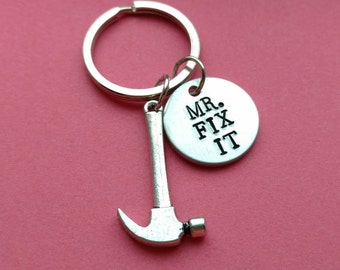 Mr. Fix It hand stamped .75" Aluminum Keychain with hammer charm, Fix it keychain, dad keychain, Christmas, father's day gift grandpa, uncle