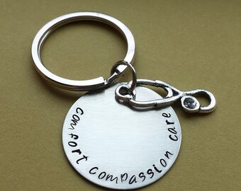 Comfort Compassion Care Hand Stamped Keychain with stethoscope charm, nurse keychain, doctor keychain, hospital gift, stethoscope keychain