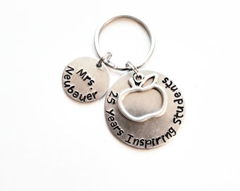 25 Years Teaching Students hand stamped keychain with apple charm and a personalized disc, teacher anniversary, teacher appreciation