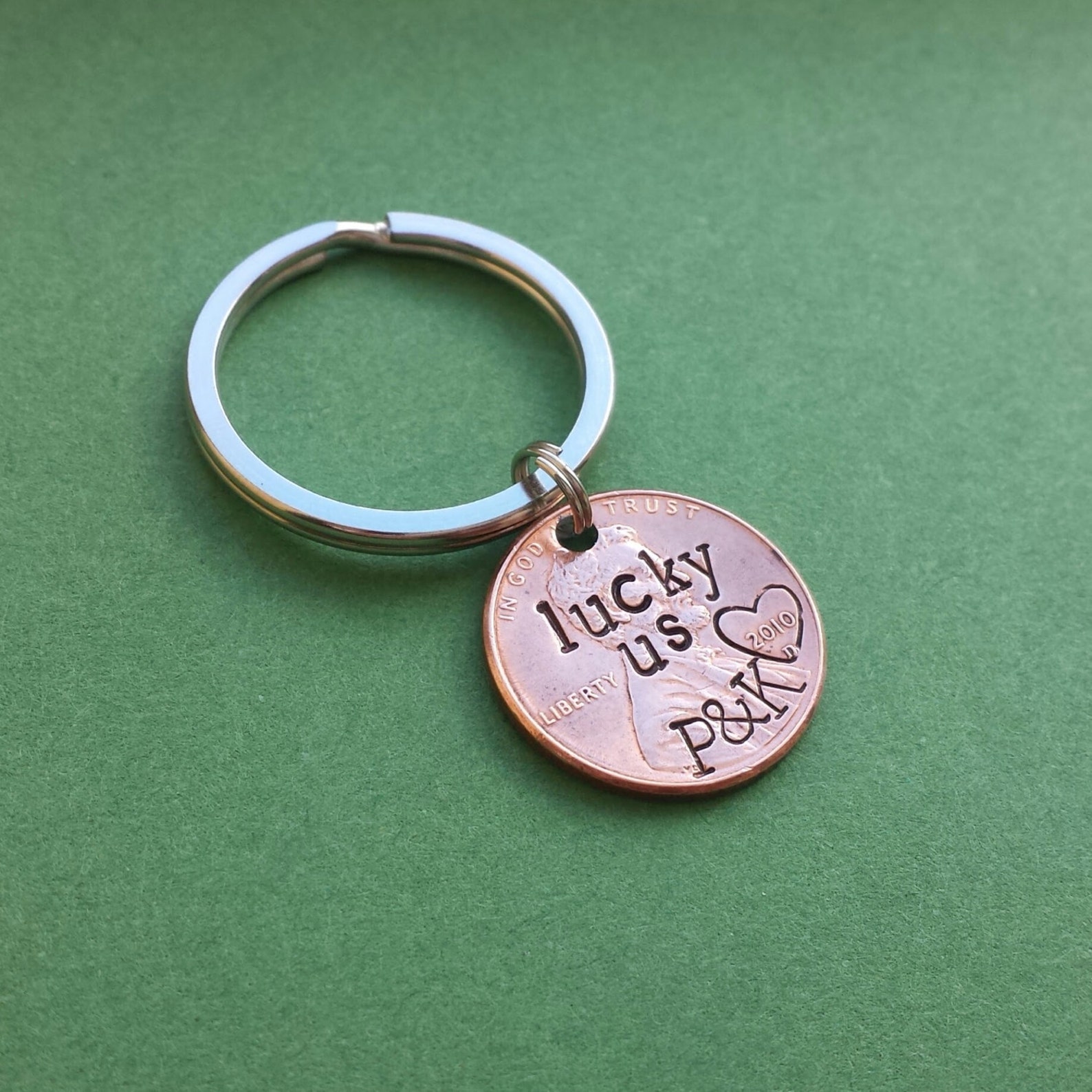 Lucky Us Hand Stamped Penny Keychain Personalized Initials Etsy