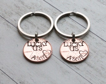 Set of Matching Lucky Us Hand Stamped Penny Keychains with initials, hand stamped heart, wedding, anniversary, Christmas gift for him