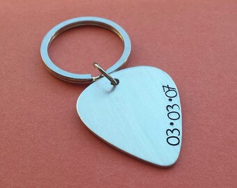 Personalized hand stamped keychain with dates, guitar pick keychain, hand stamped guitar pick, Valentine keychain, I pick you christmas gift