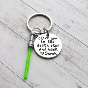 I Love You to the Death Star and Back Hand Stamped Keychain with optional charm of your choice-multiple colors, Valentine's gift for him image 1