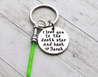 I Love You to the Death Star and Back Hand Stamped Keychain with optional charm of your choice-multiple colors, Valentine's day gift for him