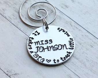 It takes a big heart to teach little minds hand stamped ornament, personalized teacher ornament, teacher christmas gift, holiday ornament