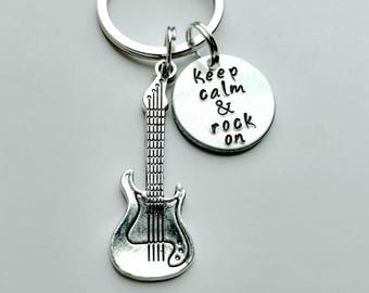 Keep Calm and Rock On hand stamped keychain with guitar charm, rock on guitar keychain, music rock'n'roll hand stamped keychain Father's Day