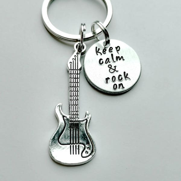 Keep Calm and Rock On hand stamped keychain with guitar charm, rock on guitar keychain, music rock'n'roll hand stamped keychain Father's Day