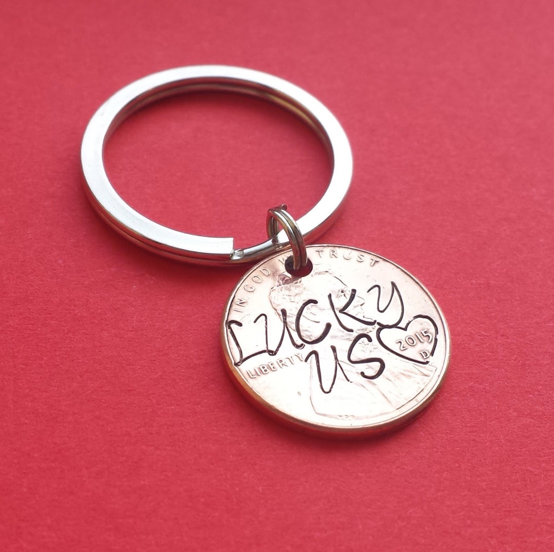 Lucky Us Hand Stamped Penny Keychain, Hand Stamped Heart, Personalized