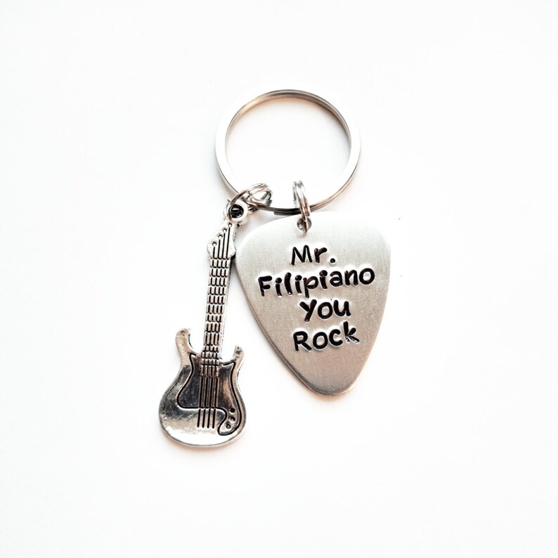 Hand Stamped You Rock Teacher Keychain With Guitar Charm You Etsy