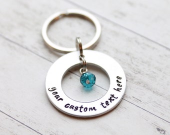 Circle personalized hand stamped keychain with dangle charm hand stamped keychain personalized custom text Father's day gift for him