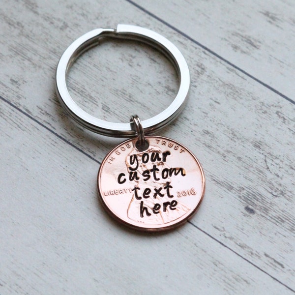 Your Custom Text Hand Stamped Penny Keychain Custom Text personalized unique birthday anniversary wedding graduation Christmas gift for him