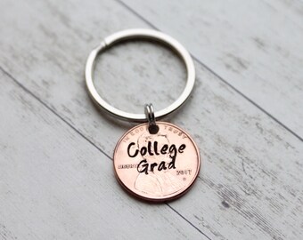 College Grad Hand Stamped Penny Keychain, Hand Stamped Heart, graduation keychain, college graduation, high school graduation, class of 2021